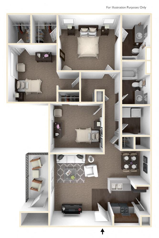 Floor plan for 3 beds, 2 baths, 1274 sqft